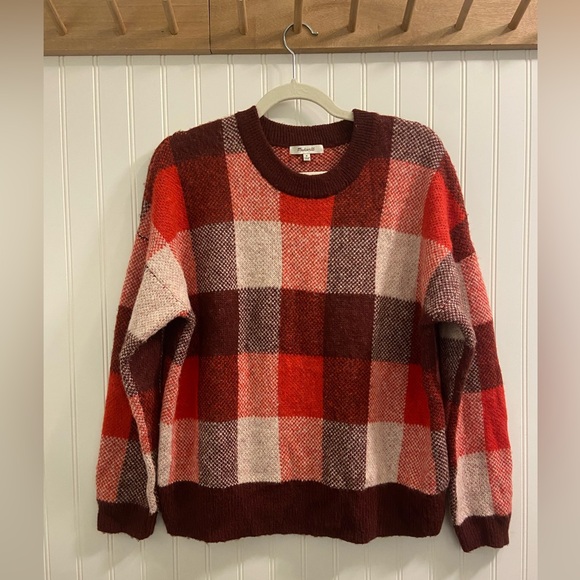 Madewell Sweaters - Madewell Boxy Warm Soft Red Burgundy Knit Plaid Pullover Alpaca Blend Medium.